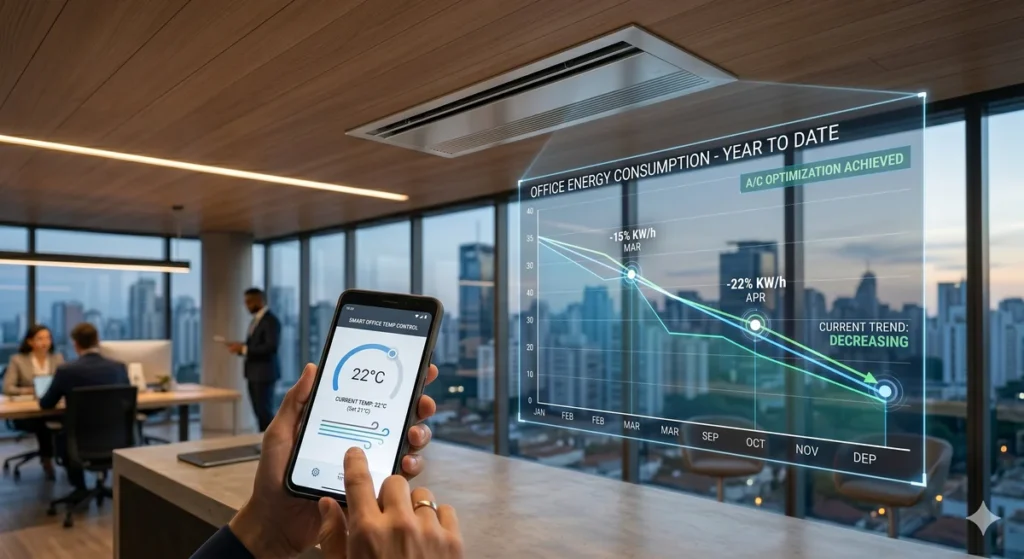 Gráfico de redução de custos sobreposto a uma imagem de escritório climatizado, simbolizando a economia de energia com ar-condicionado.