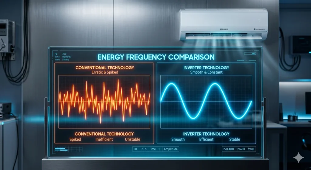 Gráfico comparativo de ondas de consumo de energia entre um motor de ar-condicionado convencional e um inverter, com estética moderna.