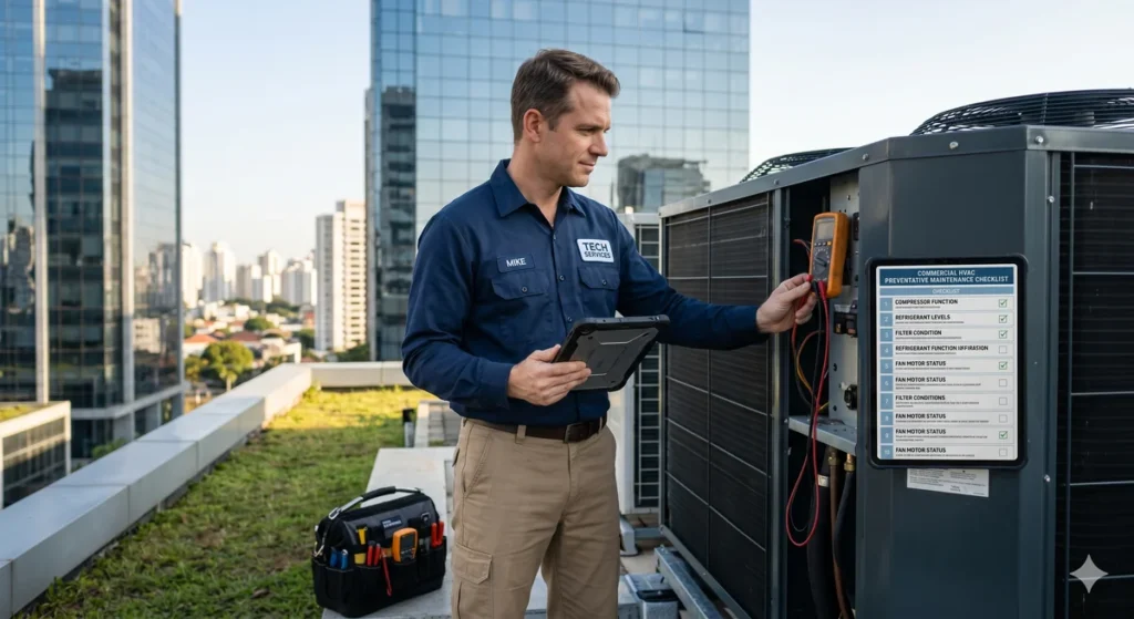 Técnico da Infoclima realizando a inspeção para o Plano de Manutenção, Operação e Controle (PMOC) em um sistema central de ar-condicionado.