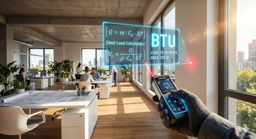 Arquiteta ou engenheiro medindo um ambiente com trena digital, com um gráfico de BTUs sobreposto, simbolizando o dimensionamento térmico.