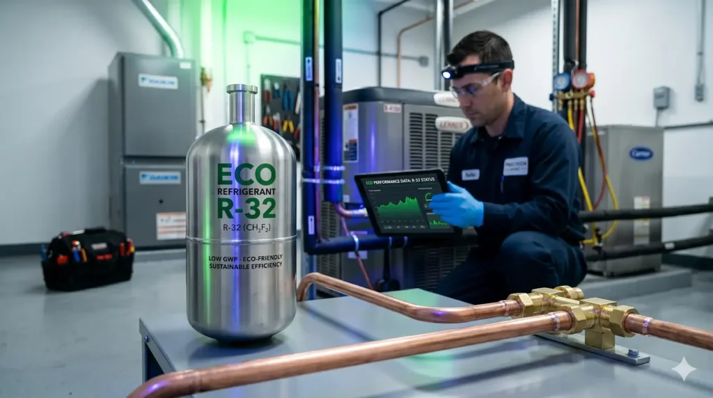 Cilindro de fluido refrigerante ecológico premium ao lado de tubulações de cobre brilhantes, envolto por uma sutil iluminação verde e azul tecnológica