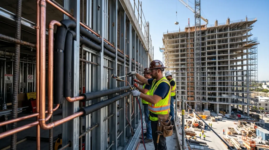 Técnicos da Infoclima instalando tubulações de cobre e drenagem em um canteiro de obras de um prédio novo de alto padrão.