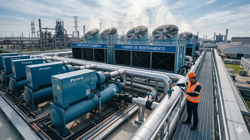 Vista técnica de um sistema de Chiller industrial de grande porte conectado a torres de resfriamento em uma planta industrial.