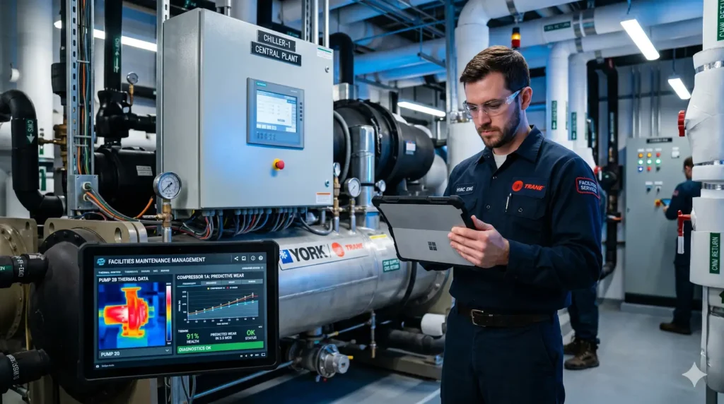 Técnico de climatização analisando dados térmicos de um compressor central em um tablet, comparando o desgaste com gráficos de desempenho."