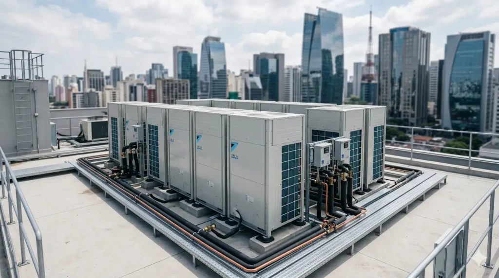 Unidades condensadoras de sistema VRF instaladas em área externa, representando uma infraestrutura de climatização moderna e organizada.