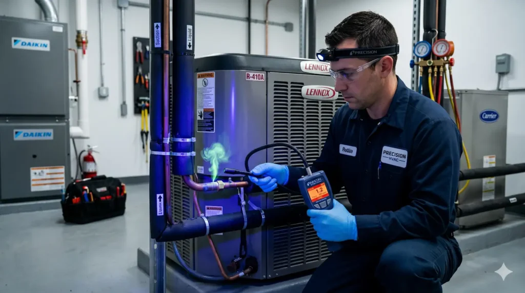Técnico especializado utilizando um detector eletrônico de vazamento na tubulação de cobre de um ar-condicionado.