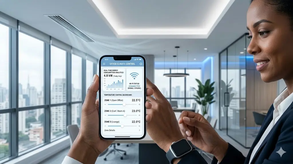 Mão de um gestor operando um aplicativo de smartphone para ajustar e monitorar o consumo elétrico do ar-condicionado central de um escritório.