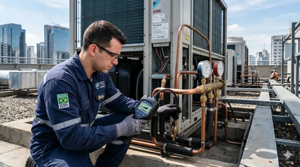 Técnico de climatização utilizando um detector eletrônico de vazamento de gás em conexões de cobre de um sistema de ar-condicionado central."