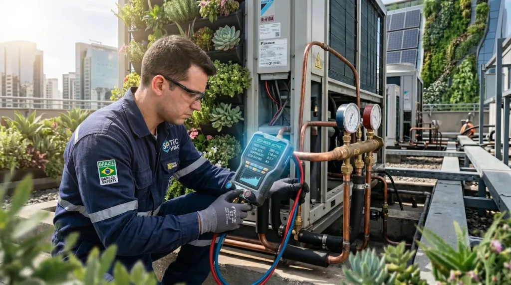 Manômetro digital de alta precisão conectado a uma válvula de ar-condicionado corporativo, com fundo exibindo folhagens verdes integradas à arquitetura do edifício.